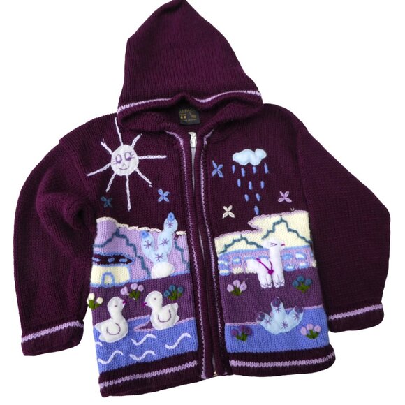ALPaCa Handcrafted Cardigan Sweater Full Zip 3D Chicks Llama Sheep Nature Purple